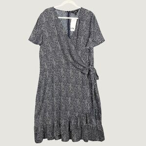 NEW Long Tall Sally Navy White Dotted Wrap Dress Ruffle Hem Size 16 Short Sleev